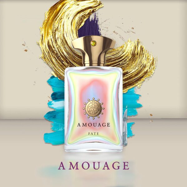 Amouage Fate Perfume Bottle In Golden Background