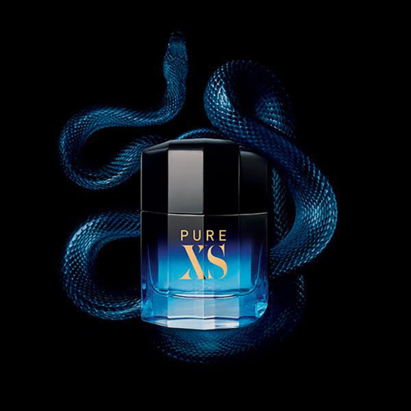 Pure xs a perfume bottle with a snake