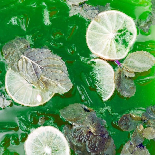 Green drink with sliced lime and mint with iced, Close up